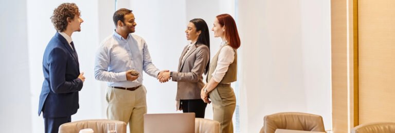 Corporate event management team shaking hands. Business meeting success, partnership, and event planning.